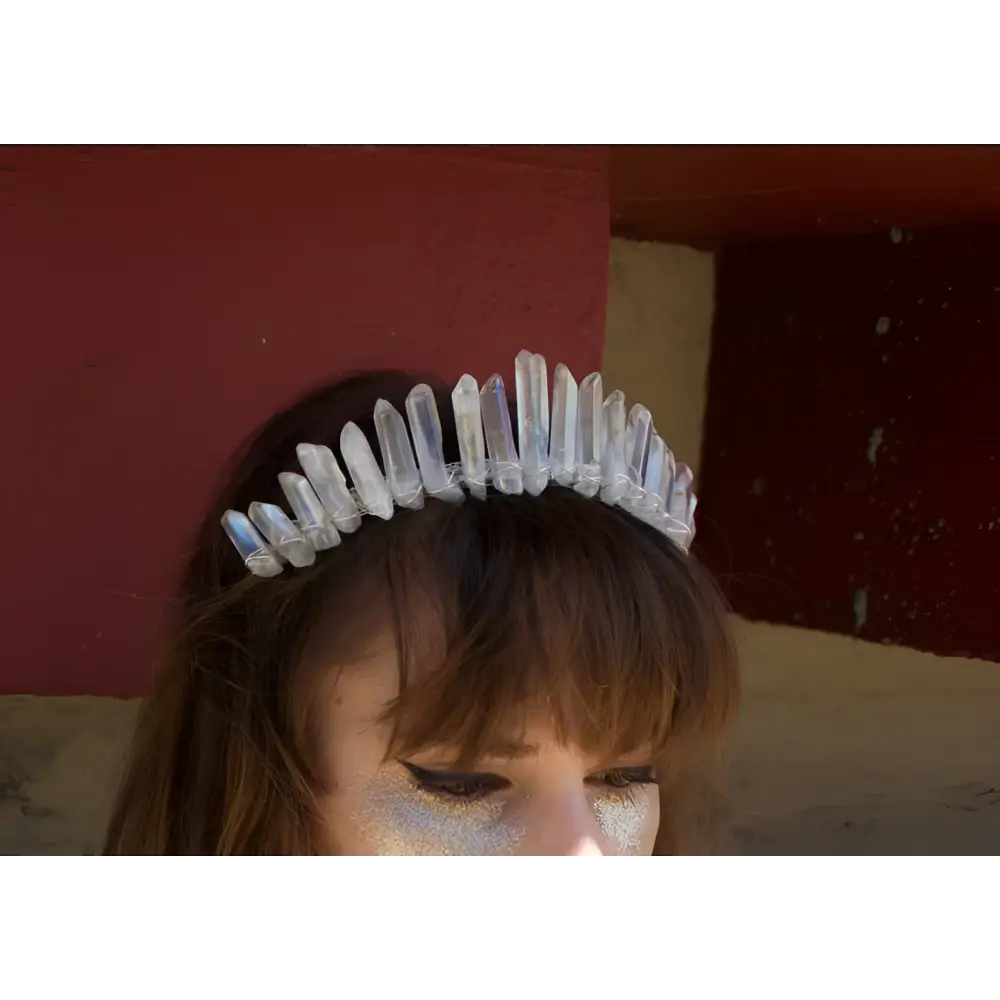 Delicate iridescent quartz crown headband with faceted crystals wired in silver metal for bridal hair accessories