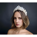 A delicate translucent white quartz crown headband with a faceted design for bridal hair accessories