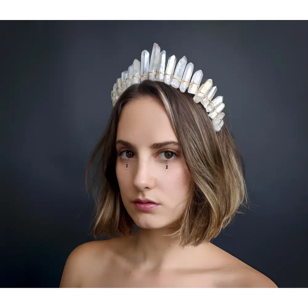 A delicate translucent white quartz crown headband with a faceted design for bridal hair accessories
