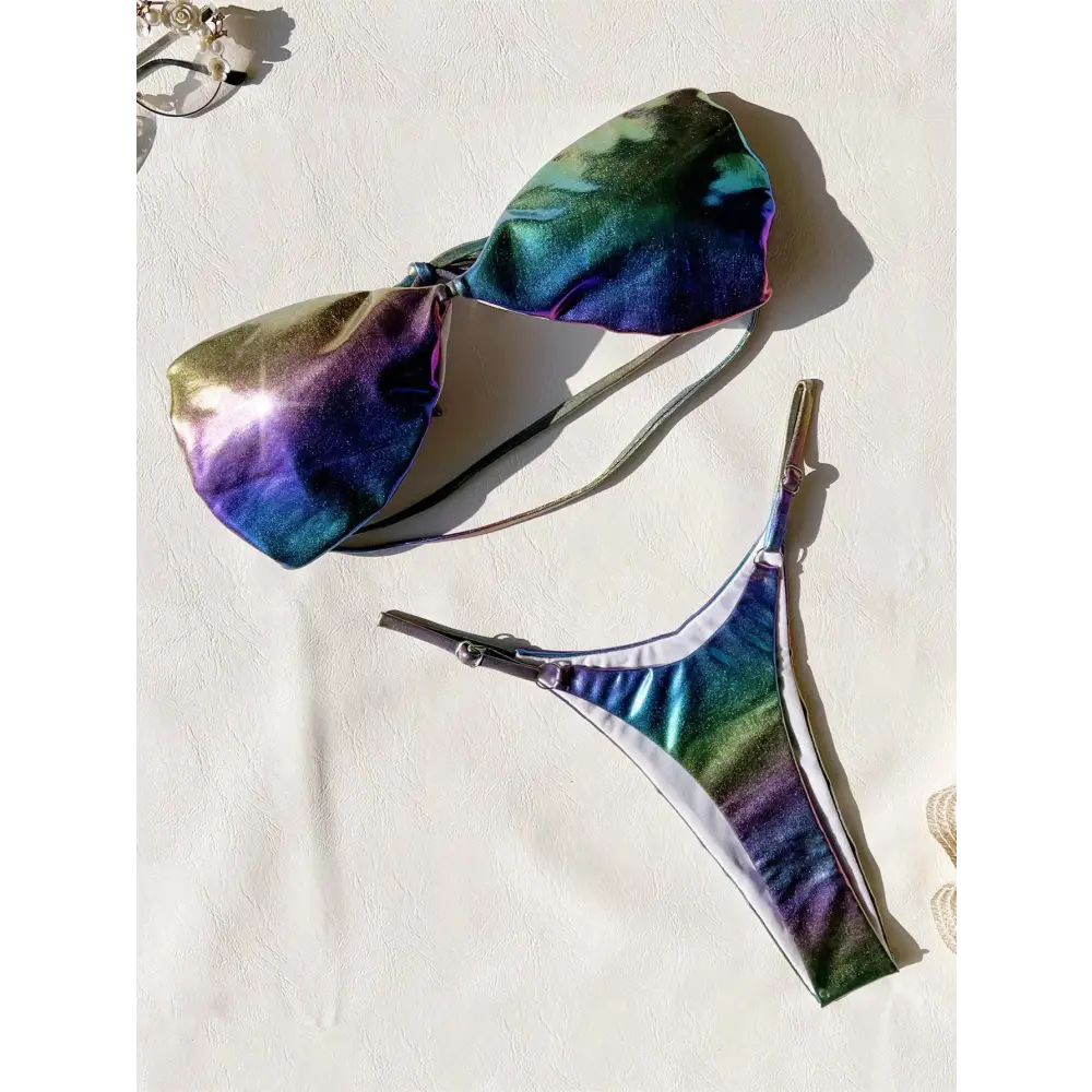 Iridescent rainbow bikini strapless set with metallic sheen featuring a vibrant gradient swimsuit design