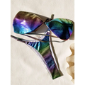 Iridescent rainbow bikini set with shimmering holographic material and vibrant gradient swimsuit featuring rainbow hues