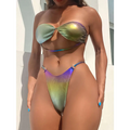 Iridescent rainbow bikini featuring a metallic green and purple ruched top with high-cut bikini gradient swimsuit bottoms