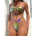Iridescent rainbow bikini featuring a metallic green and purple ruched top with high-cut bikini gradient swimsuit bottoms