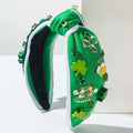Irish green shamrock rhinestone knotted headband in green velvet adorned with shamrocks beer pints and leprechaun pins
