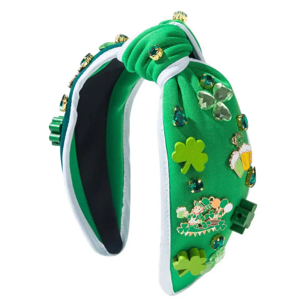 Irish green shamrock rhinestone knotted headband with green shamrocks, beer pints, and sparkling jewels
