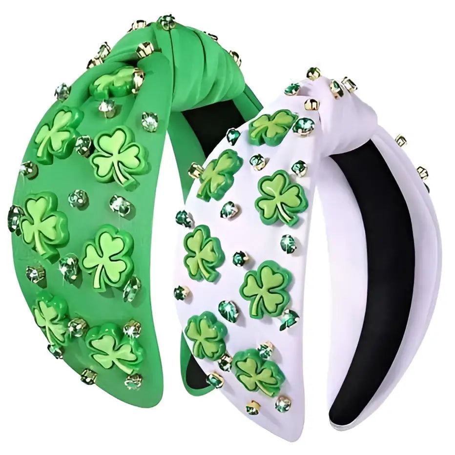 Irish green shamrock rhinestone knotted headband in green and white with three-leaf clover appliqués and sparkling rhinestones