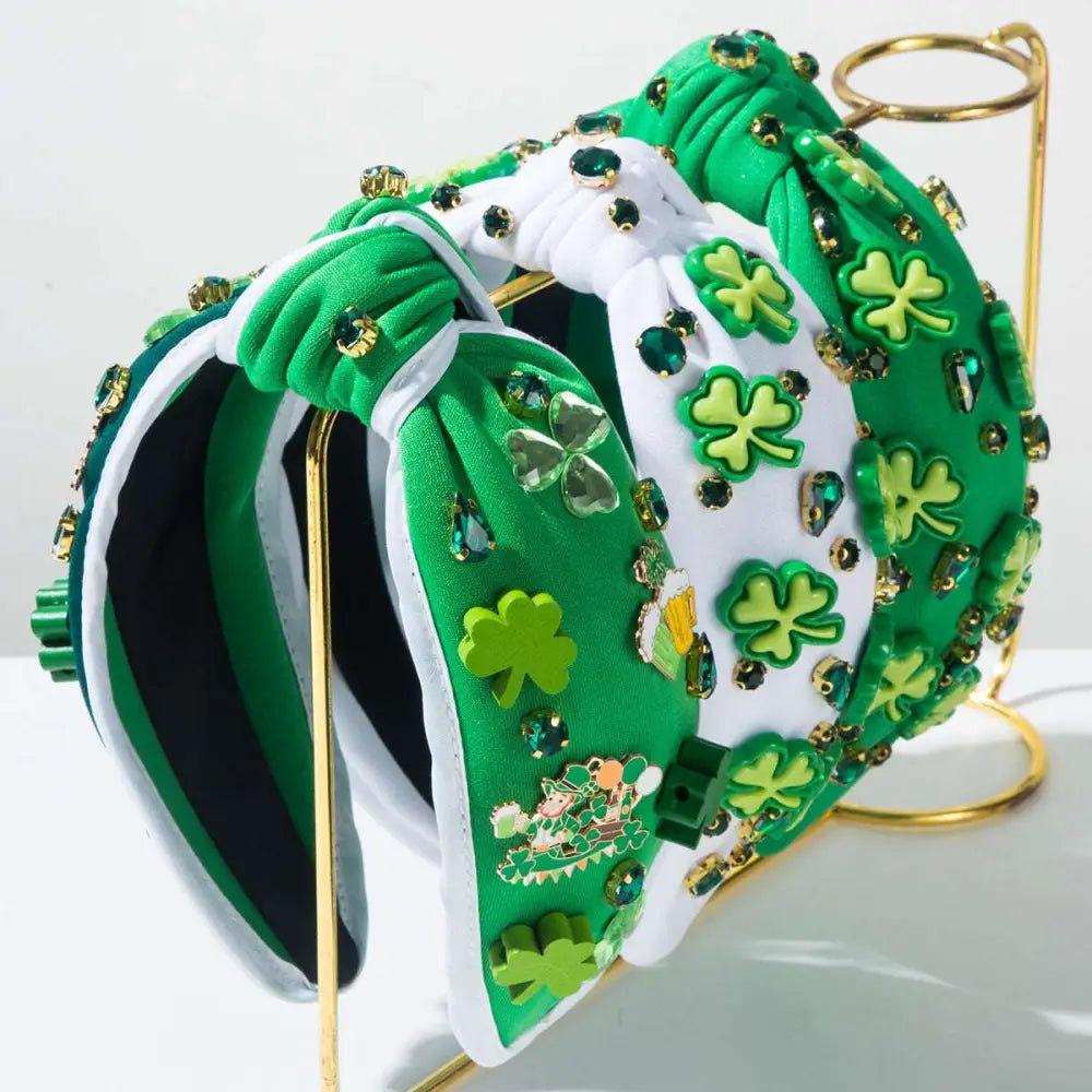Irish green shamrock rhinestone knotted headband in green and white adorned with shamrock appliqués and rhinestones