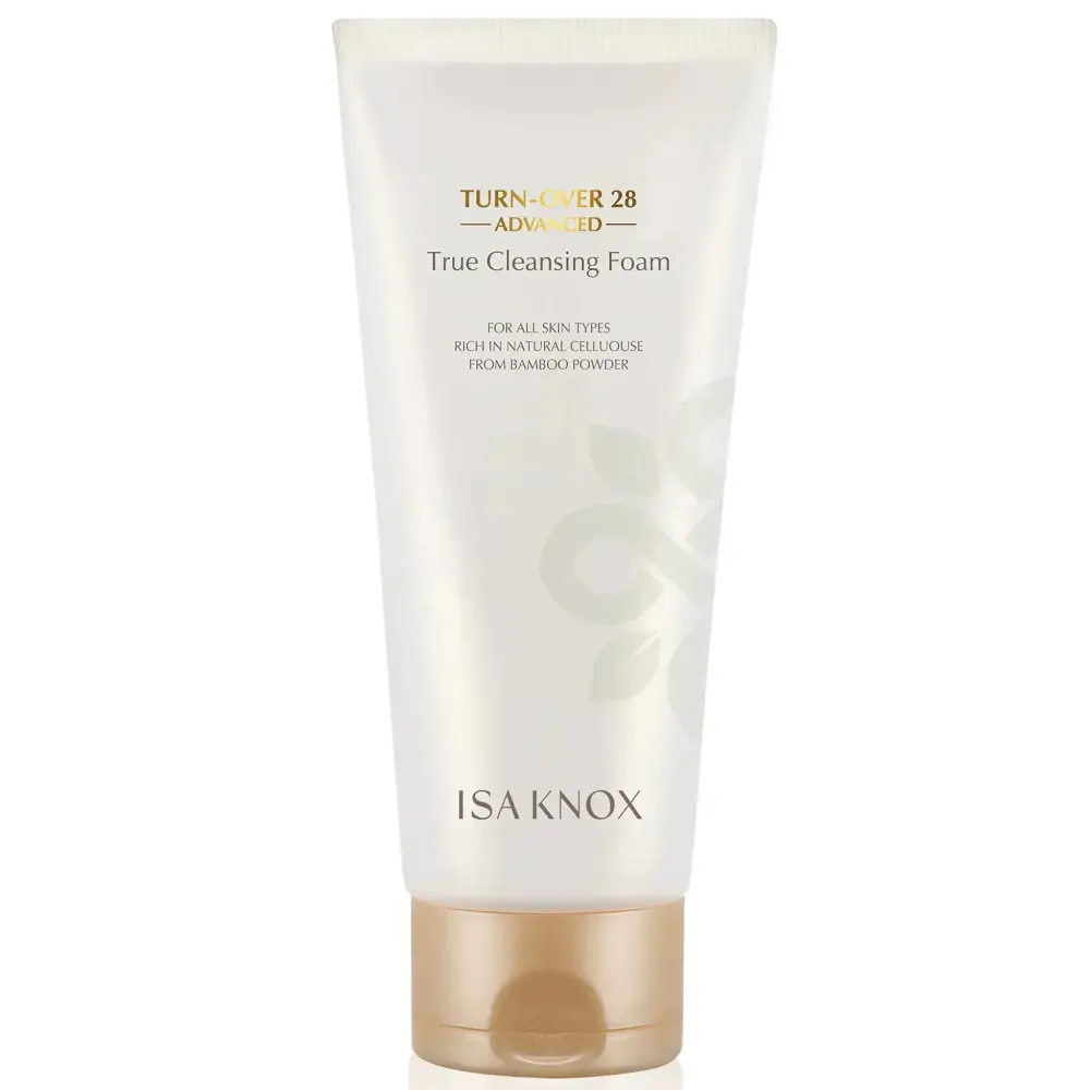 White tube of isa knox true turnover 28 advanced cleansing foam with gold cap and leaf design removes impurities