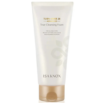 White tube of isa knox true turnover 28 advanced cleansing foam with gold cap and leaf design removes impurities