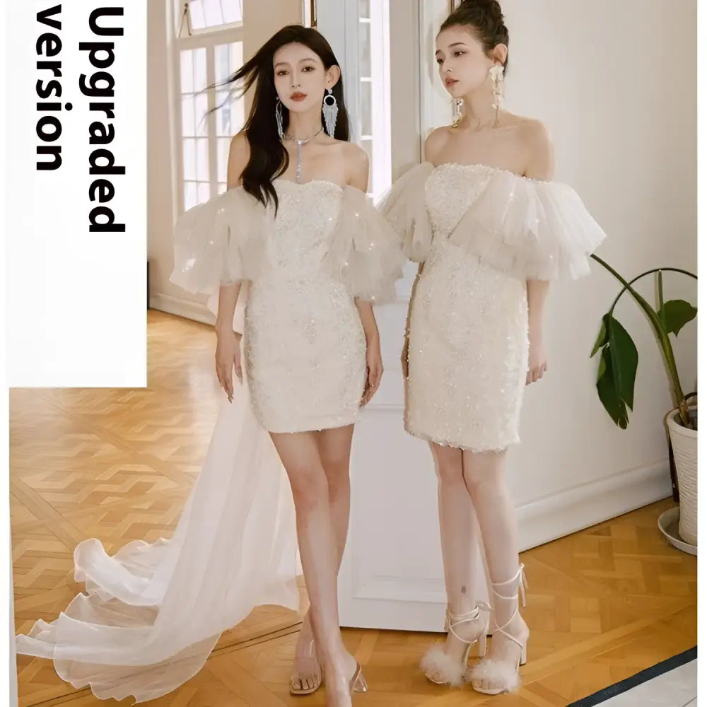 Off-the-shoulder ivory lace cinched waist miniskirt fairy dress with sheer ruffled sleeves and beaded embellishments