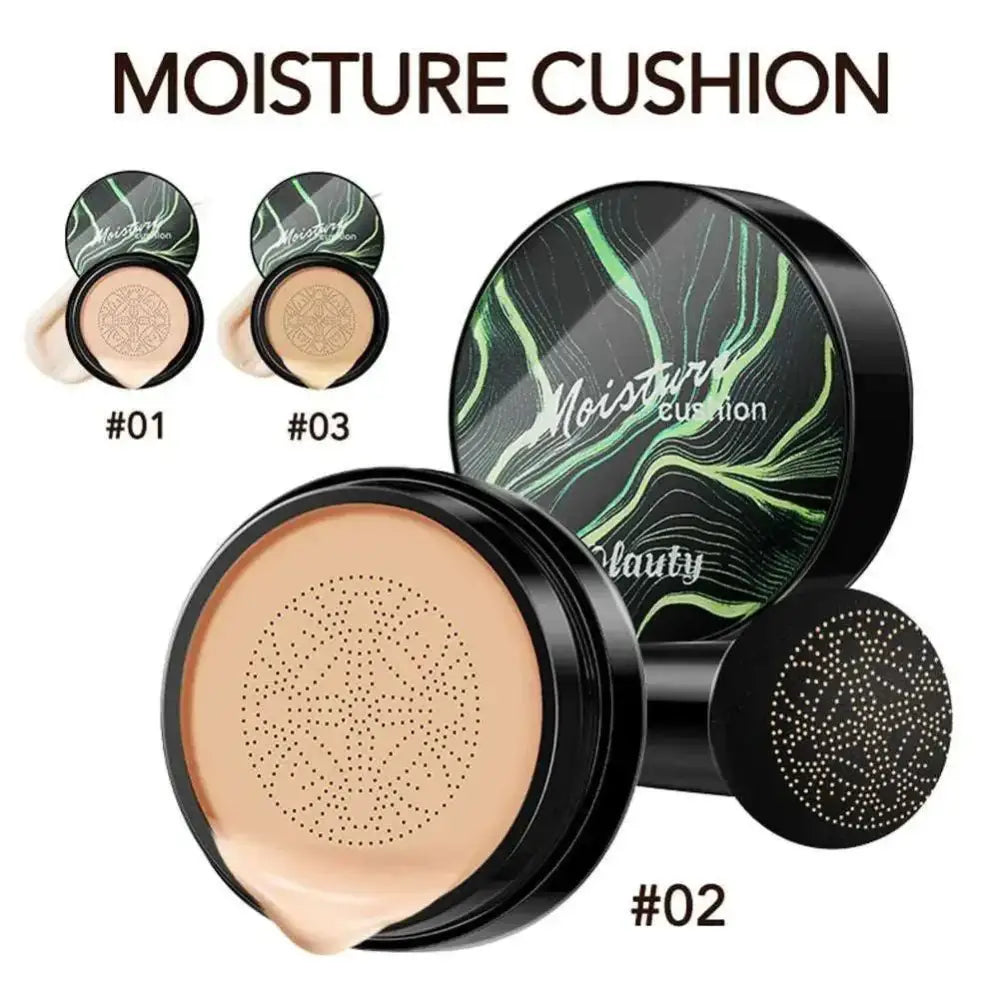 Ivory marbled air cushion foundation compact with black glossy lid, green swirl design, and beige cream foundation inside