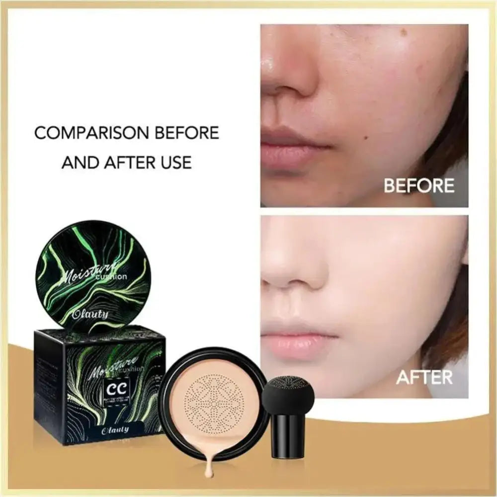 Ivory marbled air cushion foundation compact with black and green pattern and beige sponge for cream foundation application