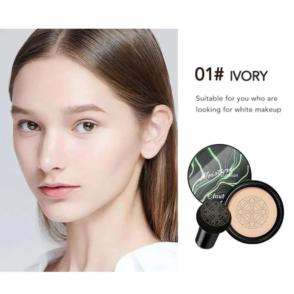 Ivory marbled air cushion foundation compact with black and green design and dotted sponge for cream foundation application