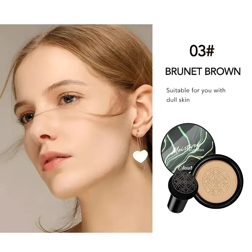 Brunet brown 03# air cushion foundation in a marbled green and white lid compact for dull skin tones cream foundation application