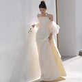 Ivory satin outdoor travel shooting light yarn gown with off-the-shoulder design, sheer puff sleeves, and high slit