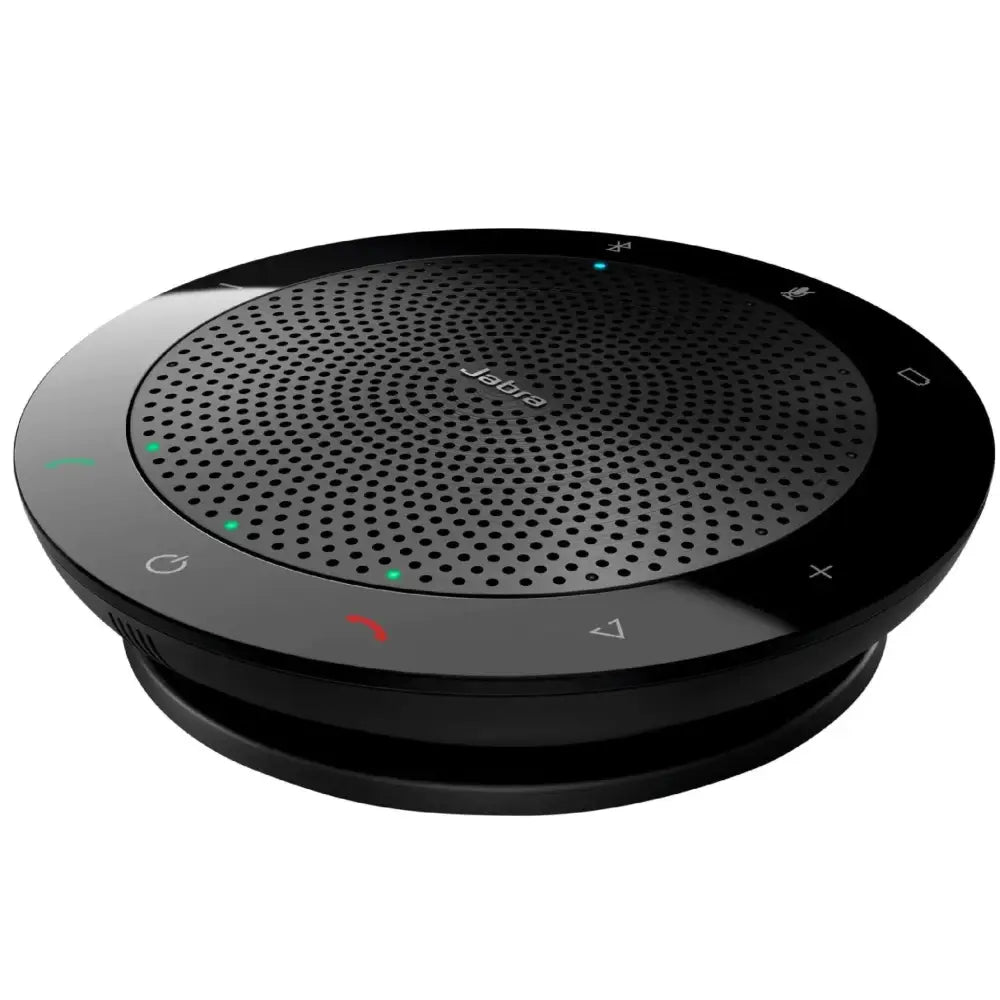 Black jabra speak 510 wireless bluetooth speaker with circular design and tactile control buttons for microsoft skype use