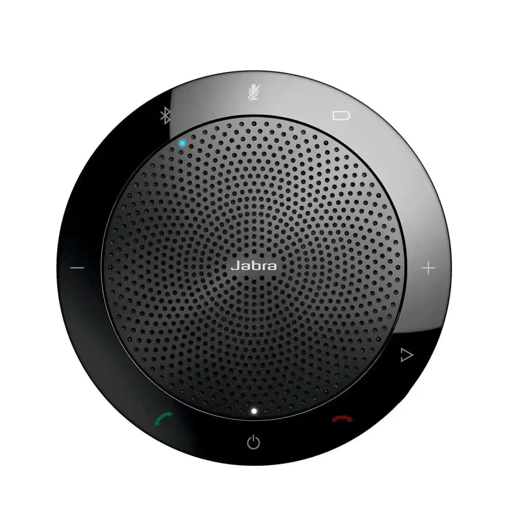 Black jabra speak wireless bluetooth speaker with circular design, perforated grille, and illuminated control buttons for sound quality