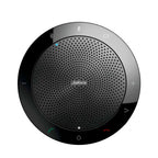 Black jabra speak wireless bluetooth speaker with circular design, perforated grille, and illuminated control buttons for sound quality