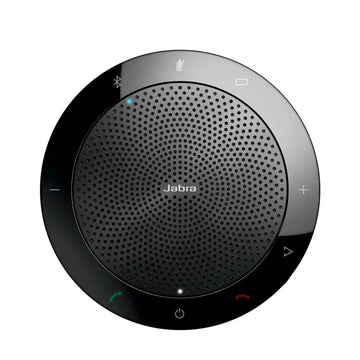 Black jabra speak wireless bluetooth speaker with circular design, perforated grille, and illuminated control buttons for sound quality