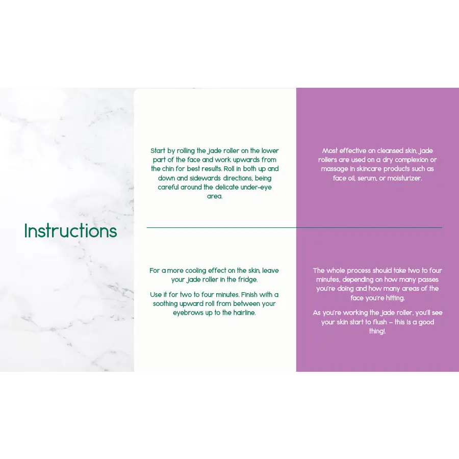 Printed instructions for using a green jade roller detailing its application and benefits in a gua sha gift set