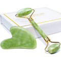 Green jade roller and matching gua sha gift set with gold toned metal handle for jade rolling and facial massage