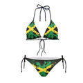 Jamaican flag bikini two pieces with halter top and string bottom in green yellow and black distressed design