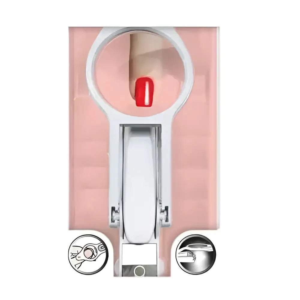 Pink and white Japan nail clipper with led light and magnifying glass attachment for precise grooming