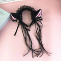 Black japanese girl cute cat ear headband with lace trim pink lining plush cute bells and dangling black ribbons