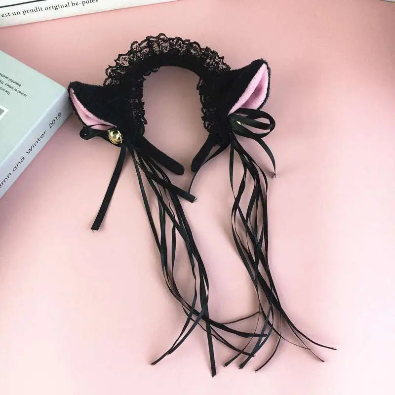 Black japanese girl cute cat ear headband with lace trim pink lining plush cute bells and dangling black ribbons
