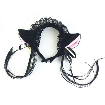 Japanese girl cute black cat ear headband with lace trim pink inner lining and dangling ribbons plush bells accessory