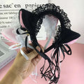 Black and pink japanese girl cute cat ear headband with lace trim ribbon ties and cute bells plush design
