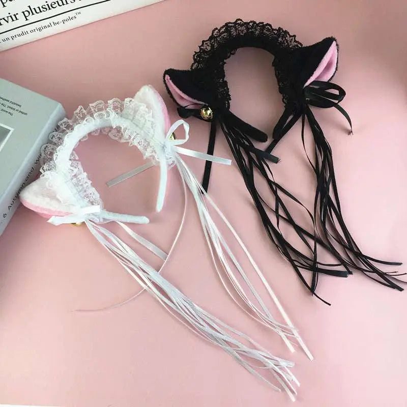 Black and white lace japanese girl cute cat ear headband with pink inner ears, cute bells plush, fringed tassels, and bows