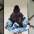 Black kimono-style jacket with japanese wave print featuring fish prints and mountain motifs for sun protection clothing