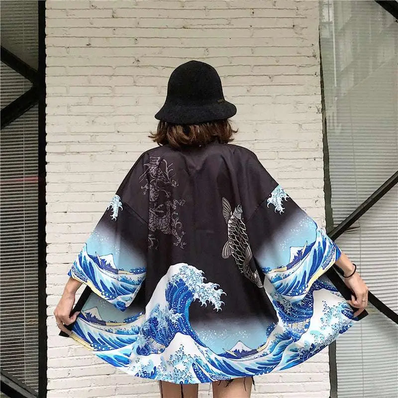 Black kimono-style jacket with japanese wave print featuring fish prints and mountain motifs for sun protection clothing
