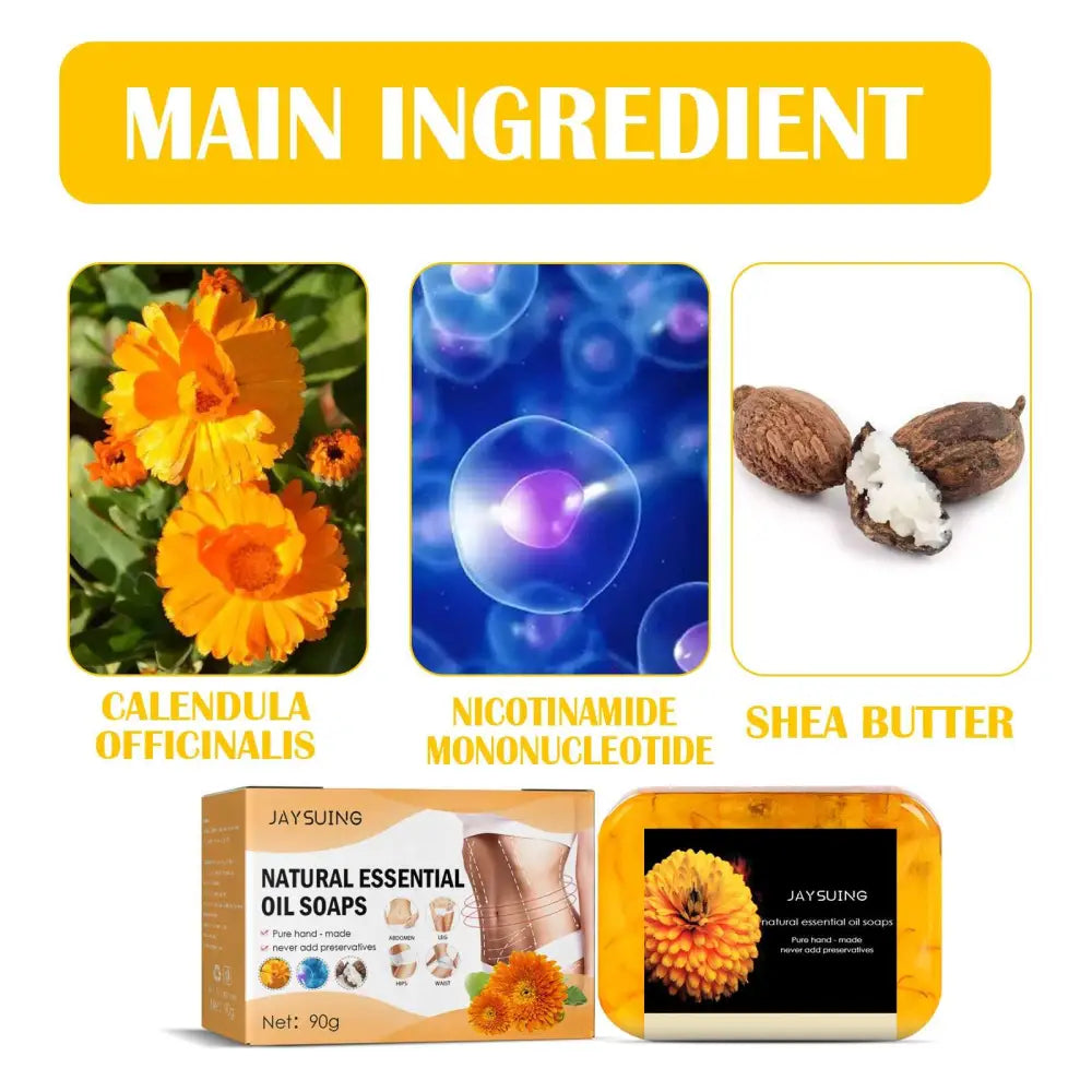 Jaysuing body soap skin tightening herbal bar with calendula officinalis and shea butter in amber package with black label featuring floral design