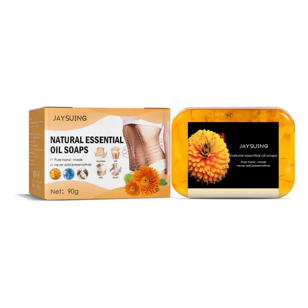 Orange rectangular bar of Jaysuing body soap skin tightening herbal with black label featuring orange flower design