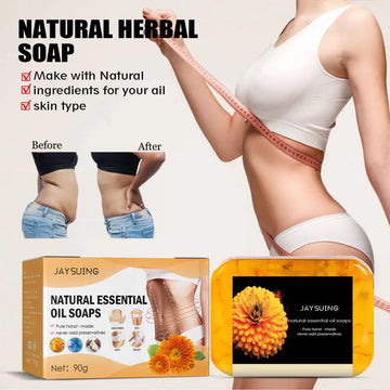 A rectangular orange-yellow jaysuing body soap bar with skin tightening herbal properties and a black label featuring a yellow flower