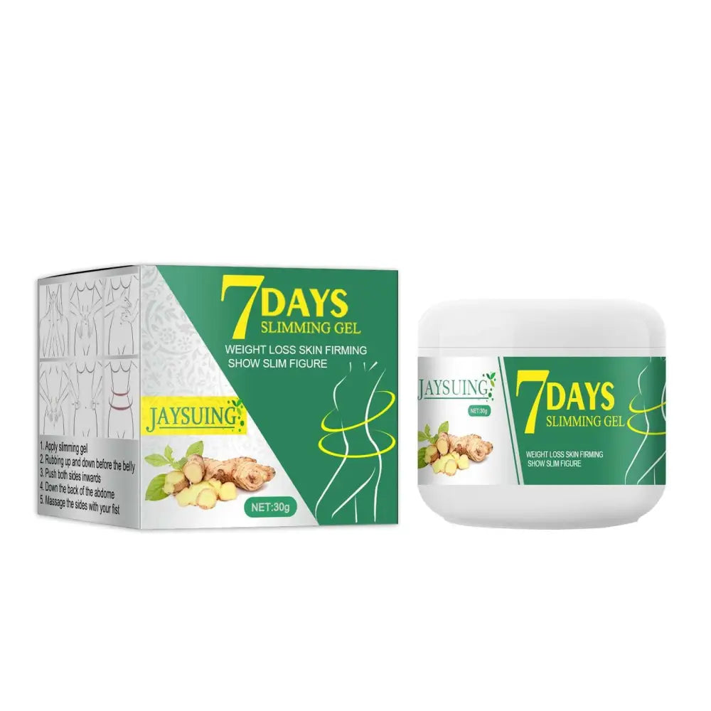White ceramic jar of jaysuing ginger abdominal slimming cream with green and yellow label containing 30g slimming gel