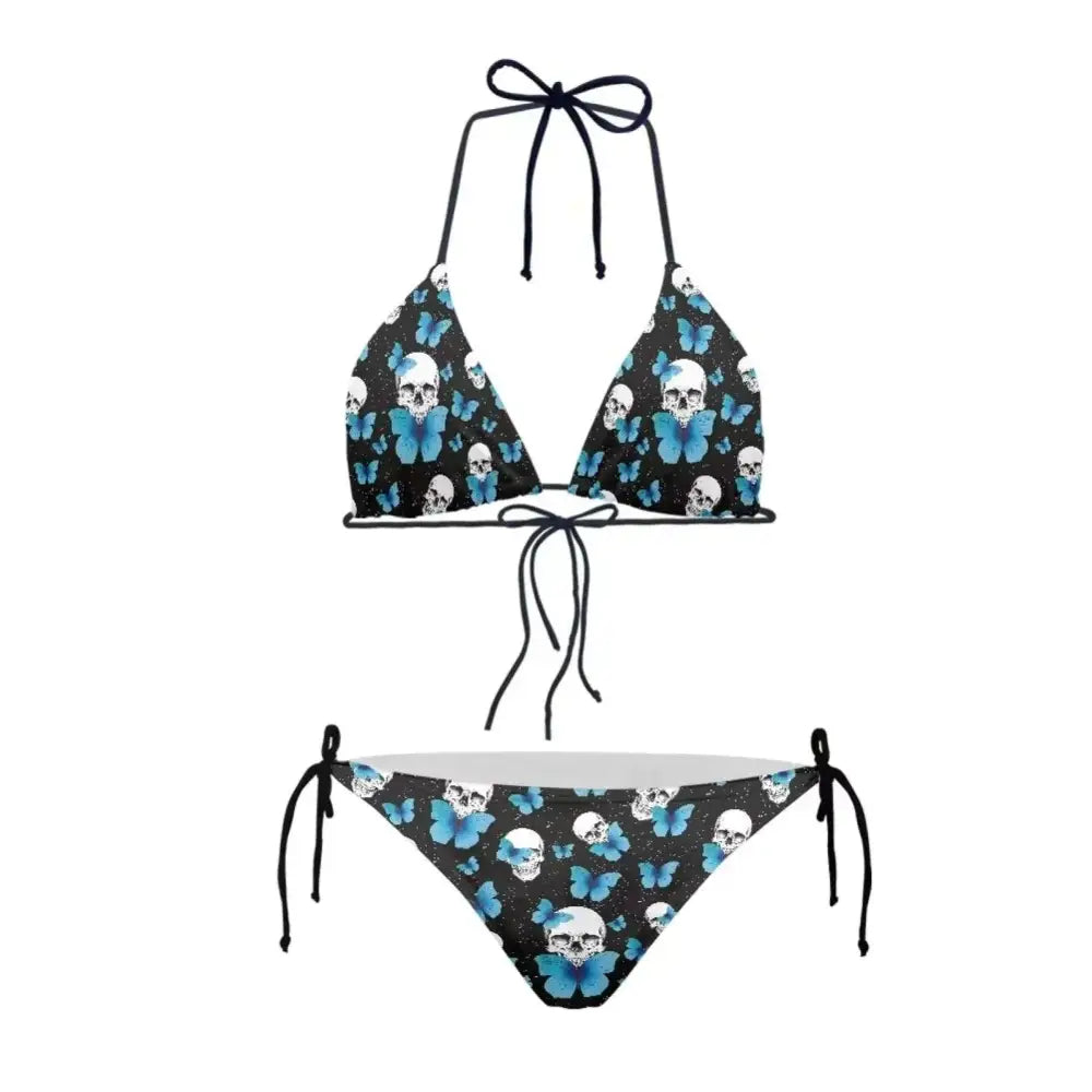 Black bikini set featuring white skulls and blue butterflies pattern for jeocody blue skull butterfly bikini set