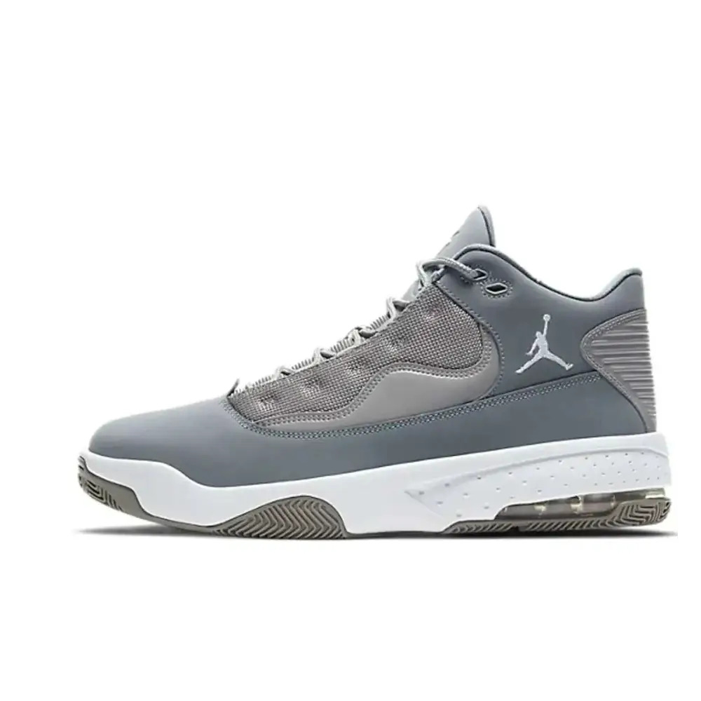 Gray jordan max aura 2 basketball shoe with white midsole and translucent air unit in size 11.5 UK medium grey
