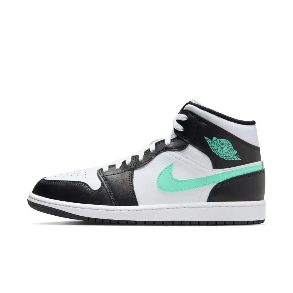 Jordan nike air mid mens shoes white green glow featuring white and black high-top sneaker with mint green swoosh