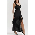 Black sheer tiered maxi dress with draped bodice and high slit from julia spring sexy black satin ruffle collection