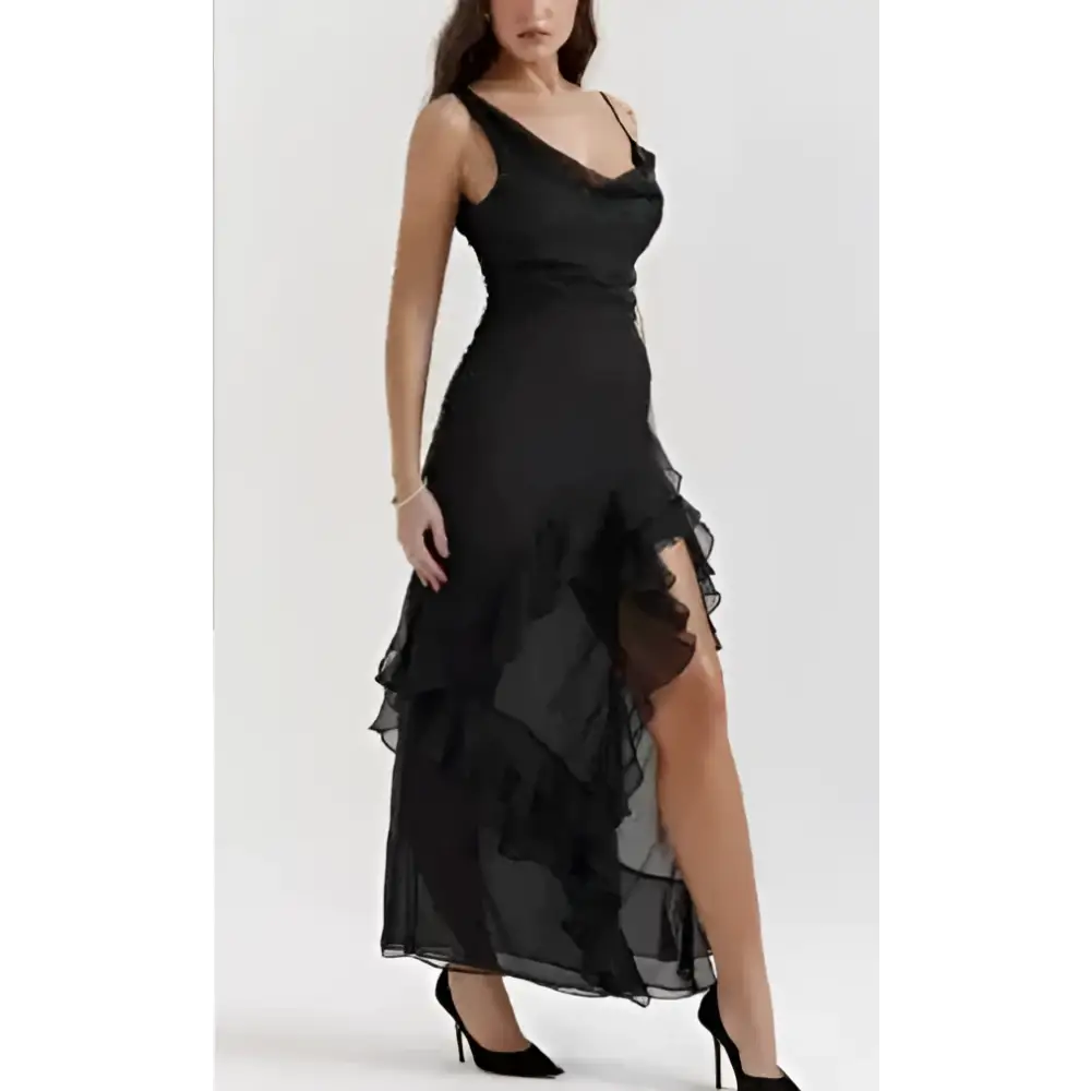 Black sheer tiered maxi dress with draped bodice and high slit from julia spring sexy black satin ruffle collection