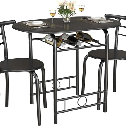 JUMMICO 3 - Piece Wooden Round Table & Chair Set Space Saving Kitchen Breakfast Nook Wood Grain Tabletop with Metal Frame and Built - in Wine Rack for Kitchen Dining Room (Black) - Royalessencelux
