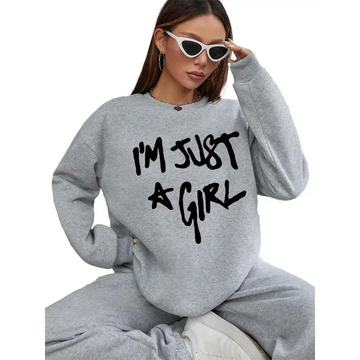 Gray oversized sweatshirt with black handwritten style girl print round neck text across the chest for casual wear