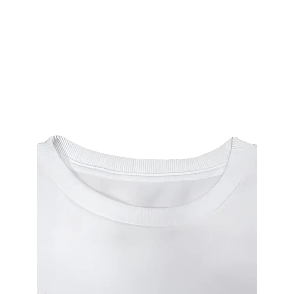 White cotton crew neck t-shirt with ribbed collar complementing oversized sweatshirt girl print round neck style