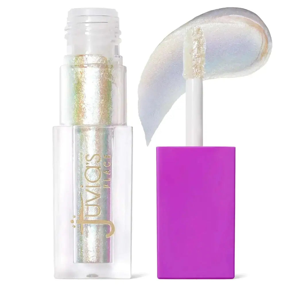 Juvias place culture liquid eyeshadow fula in a clear tube with iridescent gloss and vibrant purple cap applicator