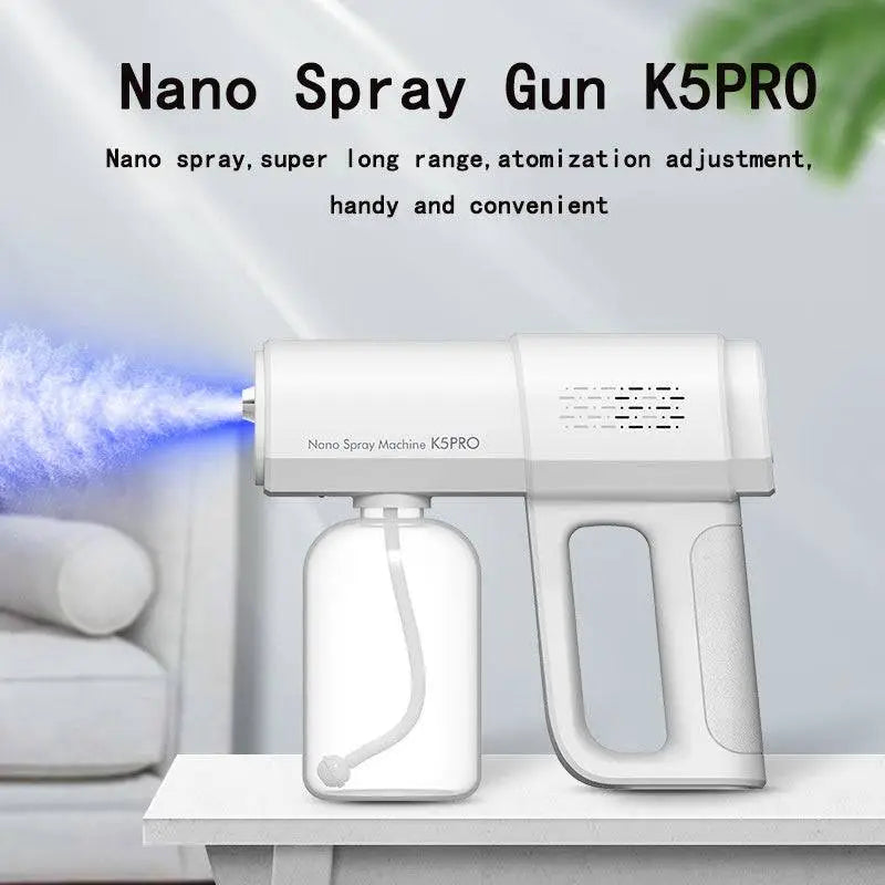 White nano disinfection gun k5 pro electric sanitizer sprayer with transparent liquid reservoir and ergonomic grip
