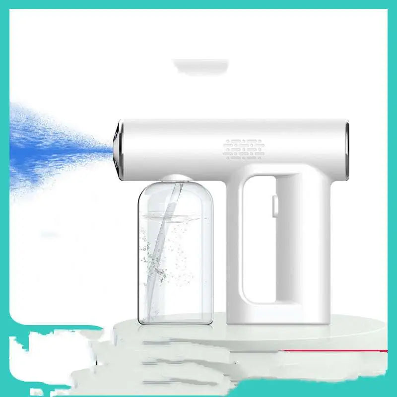 White handheld k5 pro electric sanitizer sprayer with clear water tank and chrome accents nano disinfection gun