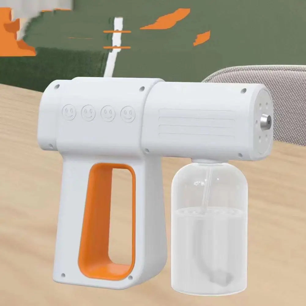 White and orange k5 pro electric sanitizer sprayer nano disinfection gun with clear reservoir and smiley face grip buttons